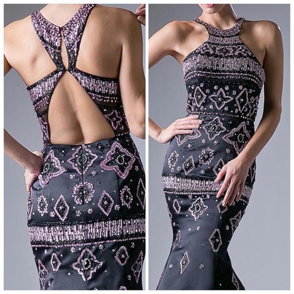 Black Satin Embellished Formal Dress - Picture 4 of 8